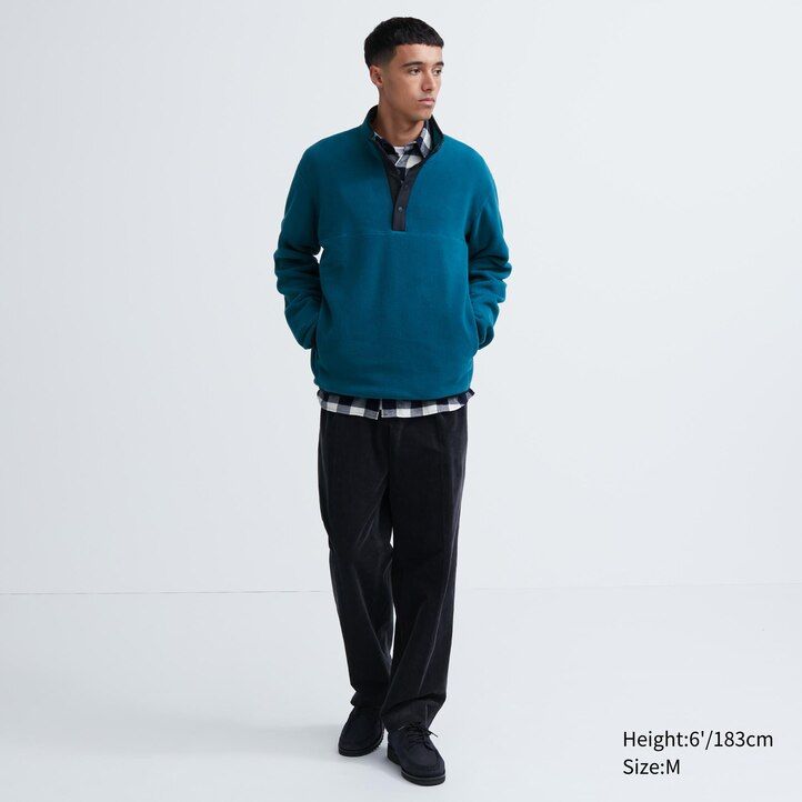 moški pulover s kapuco iz flisa uniqlo z gumbi v belem odtenku