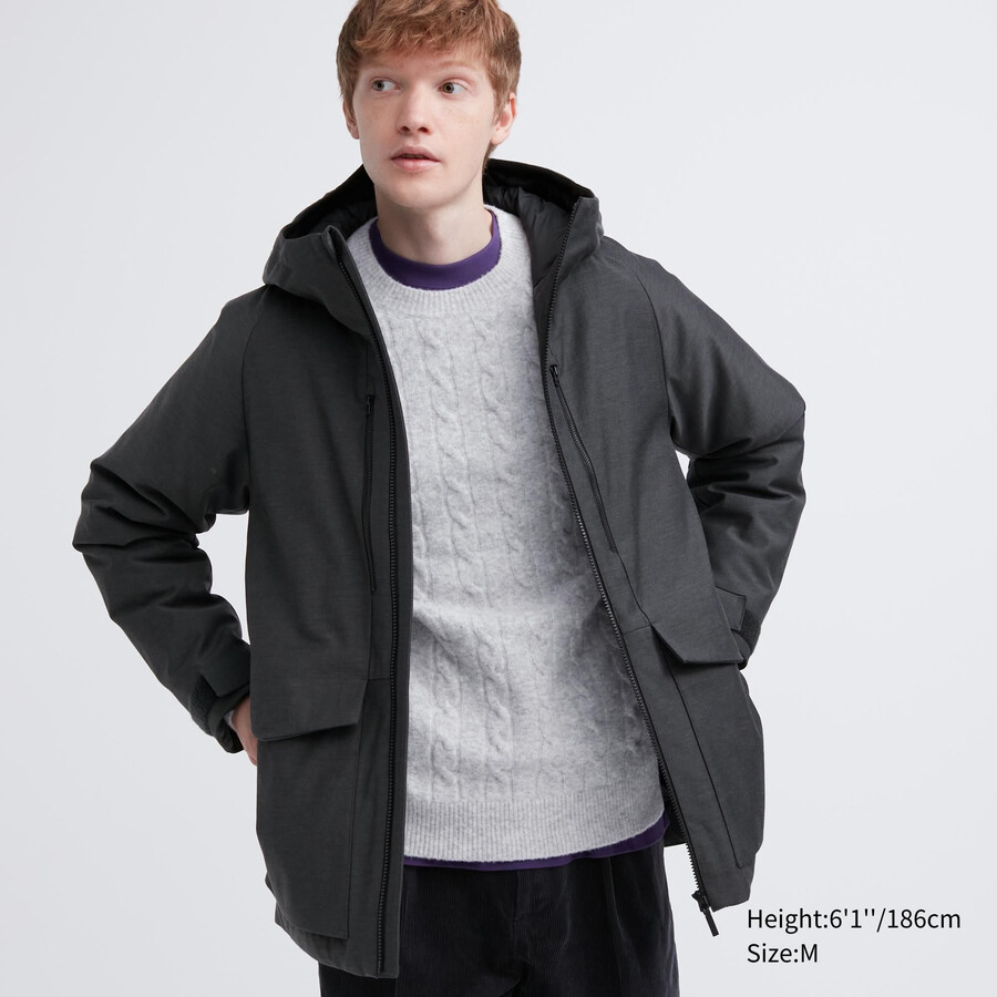moške uniqlo hibridne puhove jakne s 3d krojem temno sive