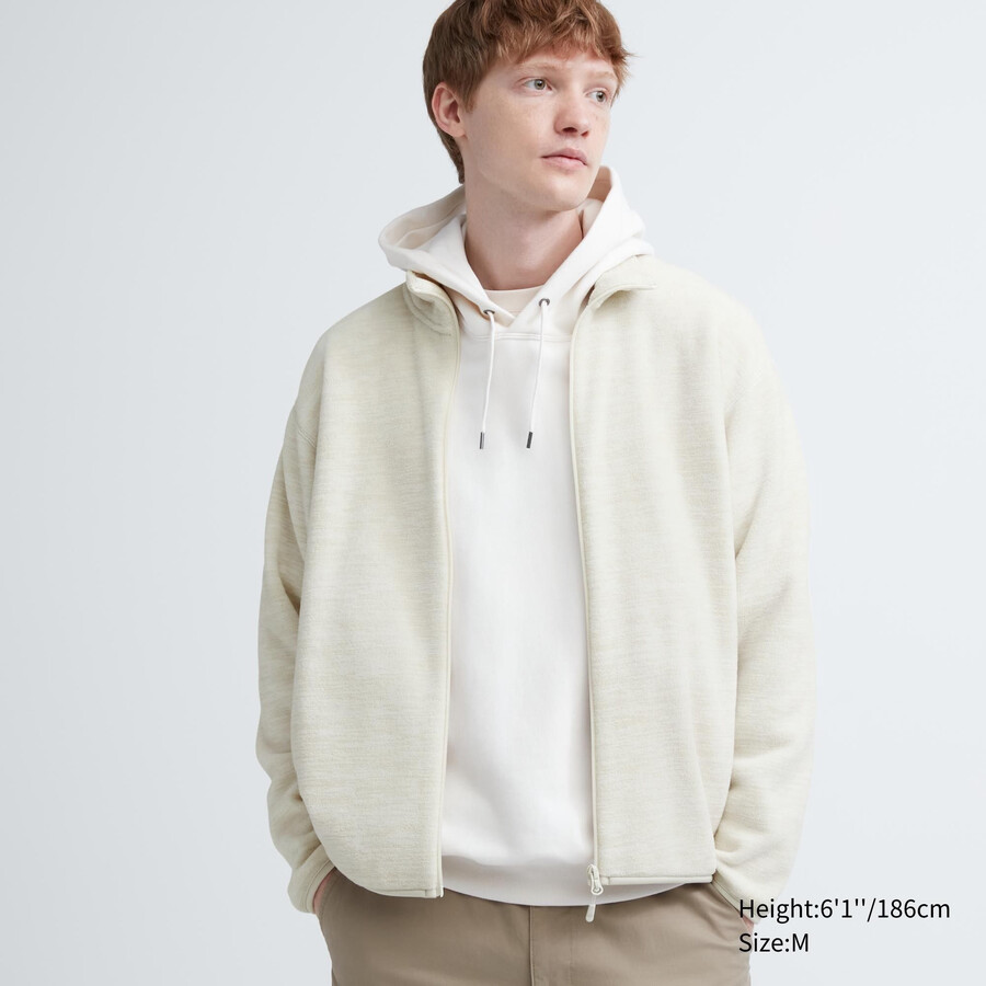 moške bele flis jakne z zadrgo uniqlo heather