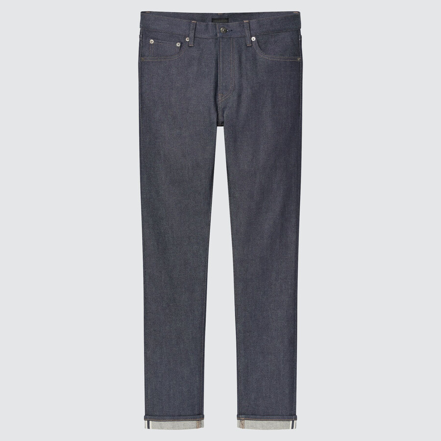 moške kavbojke uniqlo selvedge stretch slim fit season 2021 mornarsko modre