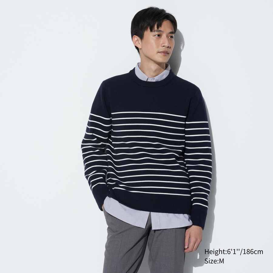 moški puloverji z okroglim izrezom uniqlo washable milano rebrasti črtasti mornarsko modri