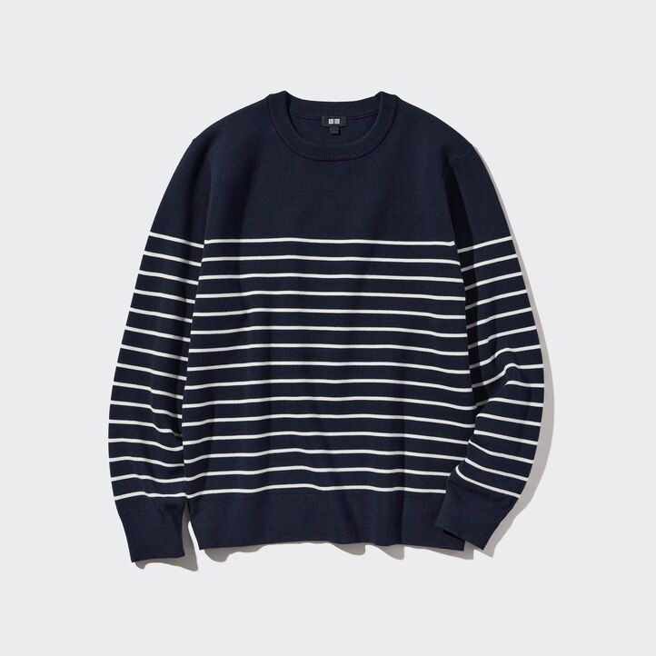 moški puloverji z okroglim izrezom uniqlo washable milano rebrasti črtasti mornarsko modri