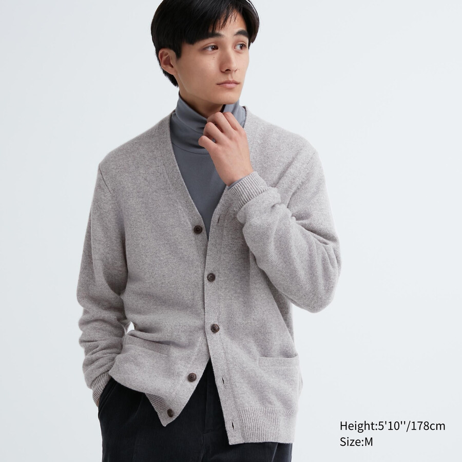 moški puloverji uniqlo premium lambswool z v-izrezom sivi