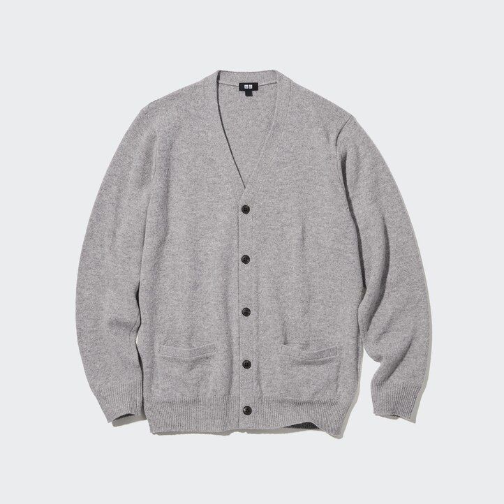 moški puloverji uniqlo premium lambswool z v-izrezom sivi