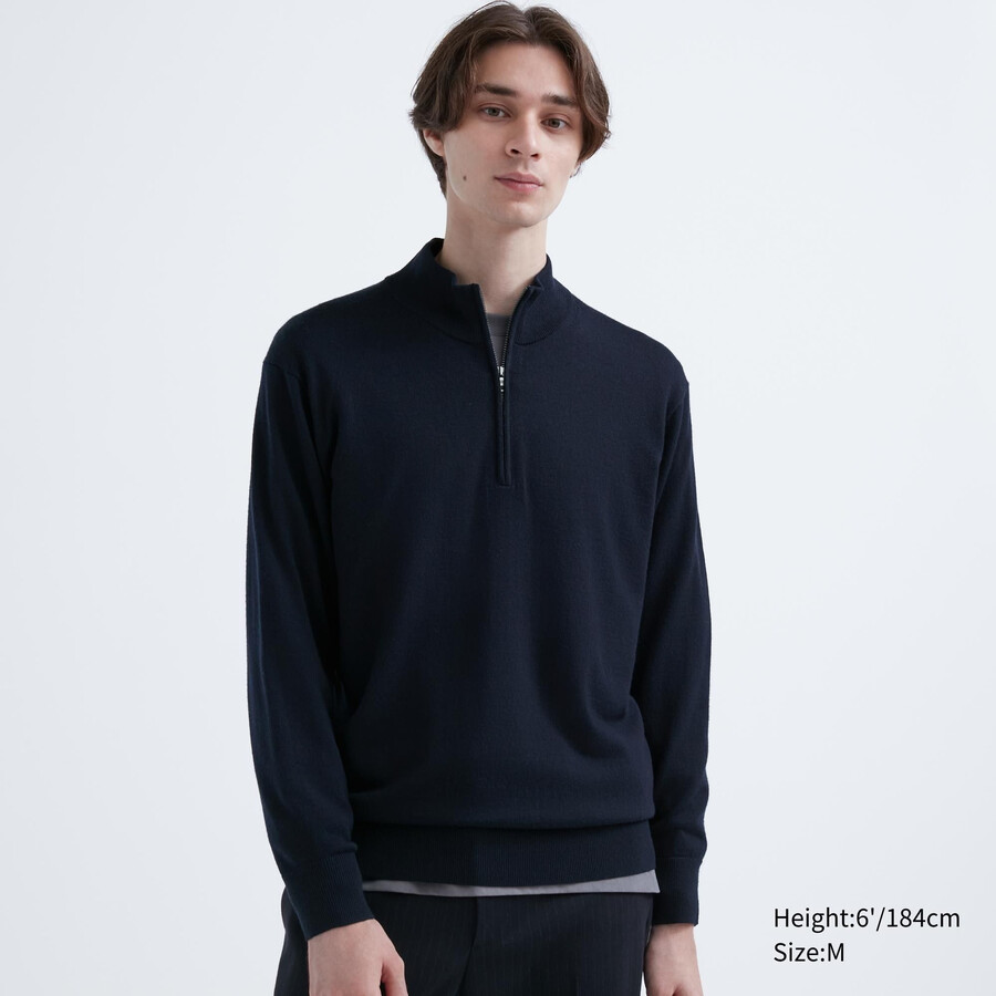 moški puloverji uniqlo 100pc extra fine merino s polovično zadrgo mornarsko modri
