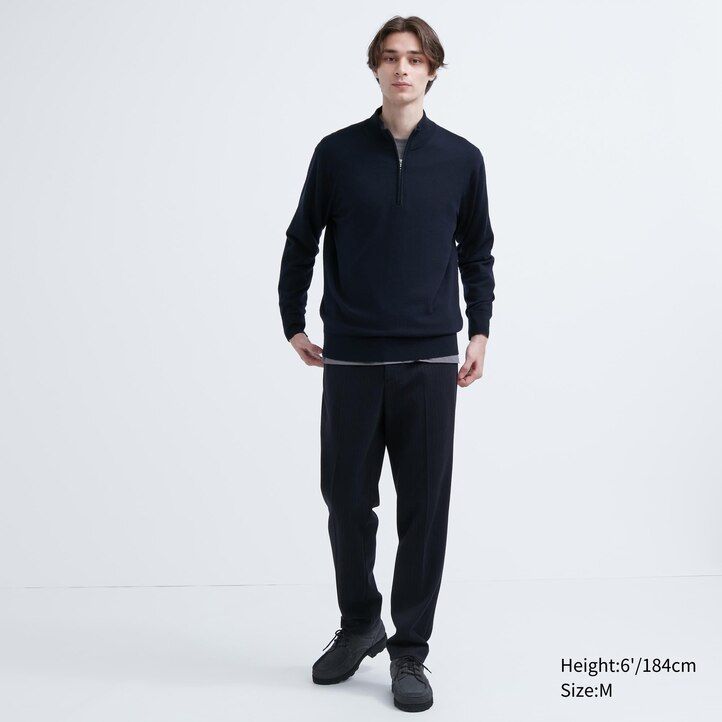 moški puloverji uniqlo 100pc extra fine merino s polovično zadrgo mornarsko modri