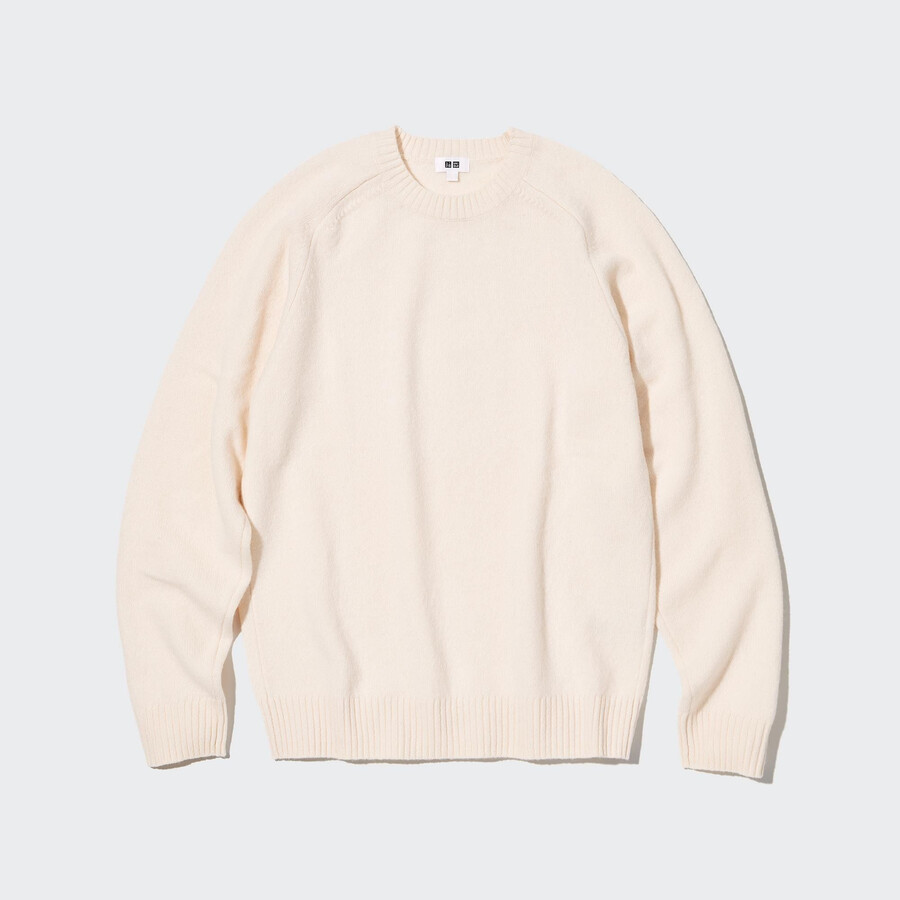 moški puloverji z okroglim izrezom uniqlo premium lambswool beli