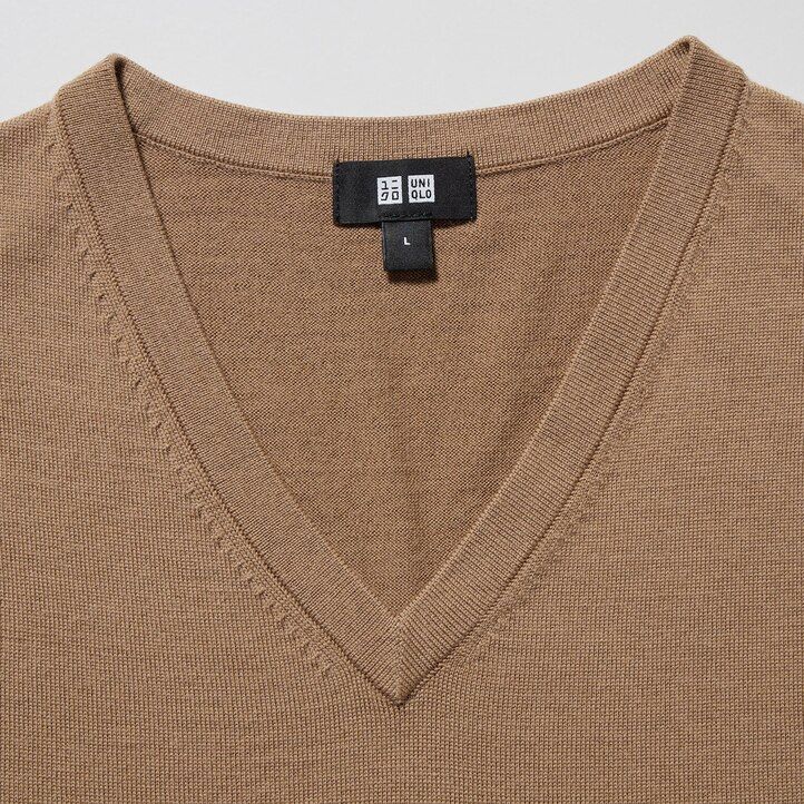moški puloverji uniqlo z v-izrezom iz ekstra fine merino volne sive barve