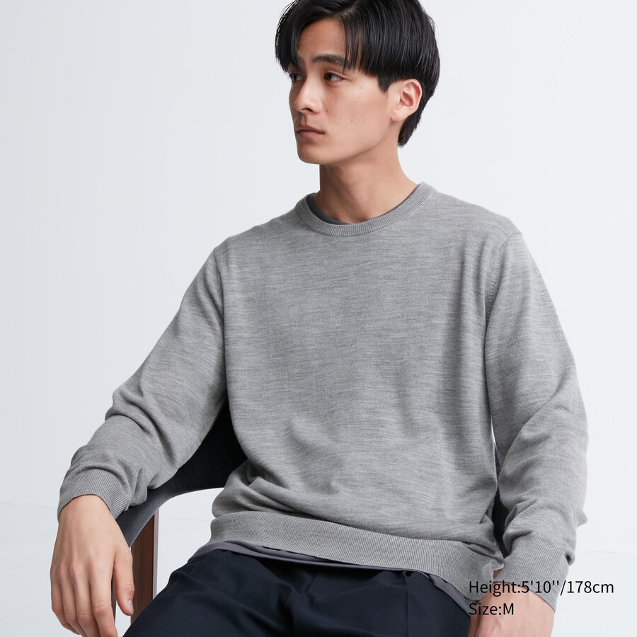 moški puloverji z okroglim izrezom iz ekstra fine merino sive barve uniqlo