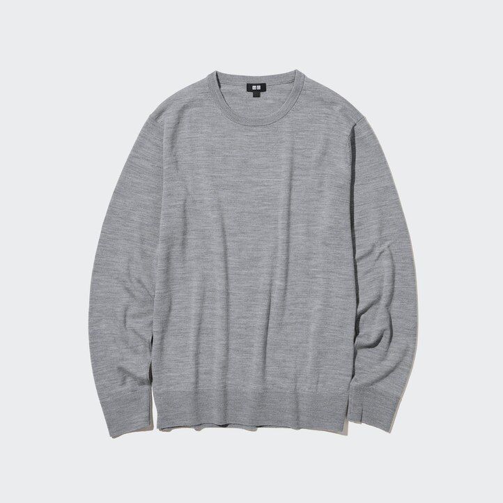 moški puloverji z okroglim izrezom iz ekstra fine merino sive barve uniqlo