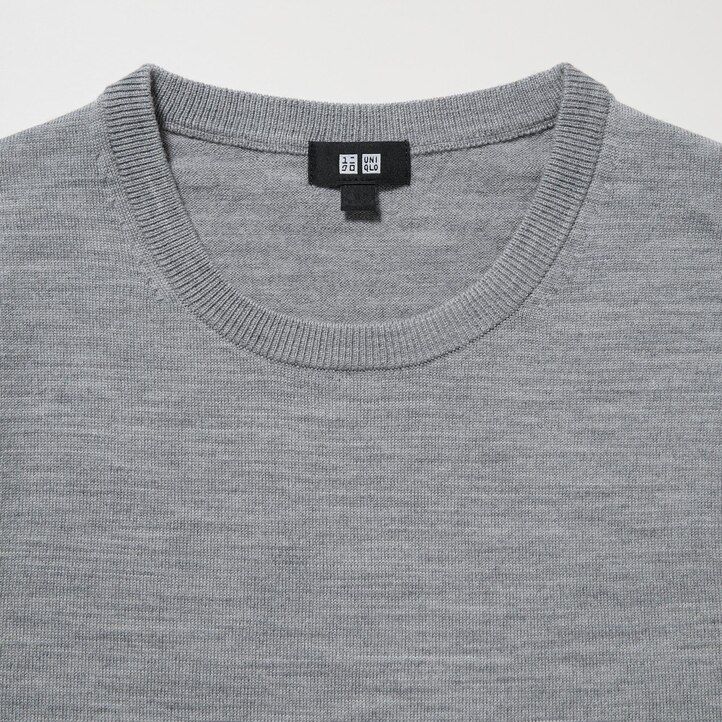 moški puloverji z okroglim izrezom iz ekstra fine merino sive barve uniqlo