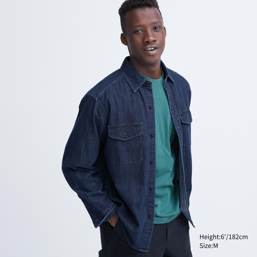 moška oversized majica uniqlo denim utility modra