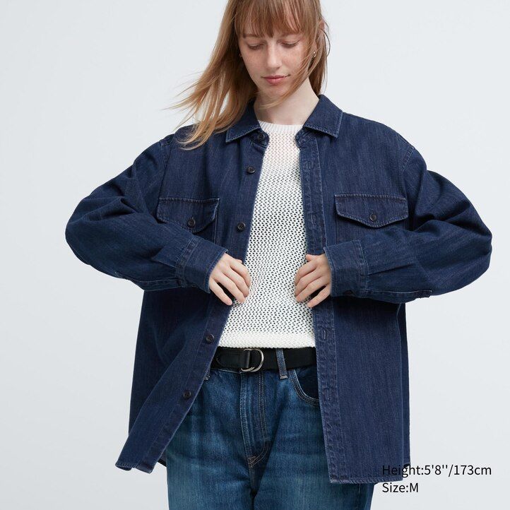 moška oversized majica uniqlo denim utility modra