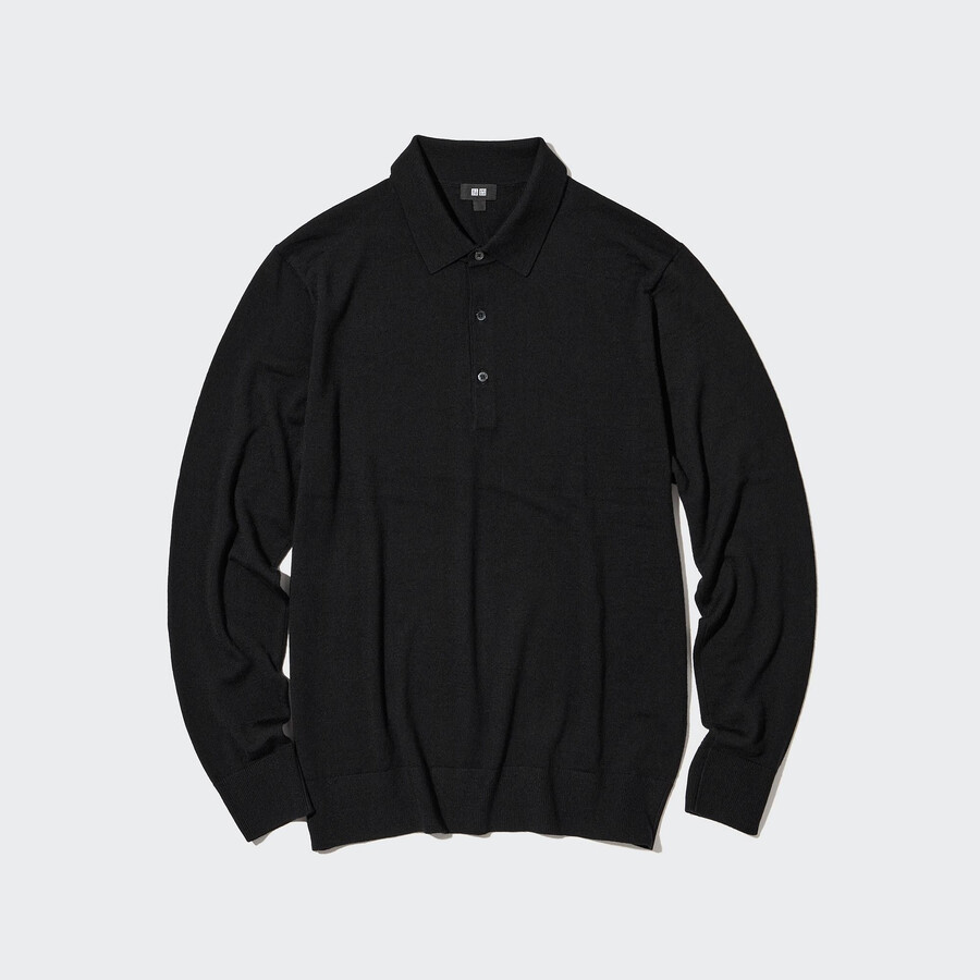 Črna moška polo majica z rokavi uniqlo 100pc extra fine merino pletenina