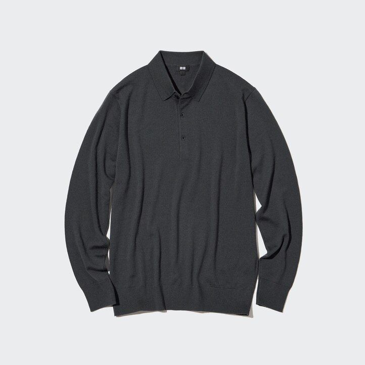 Črna moška polo majica z rokavi uniqlo 100pc extra fine merino pletenina