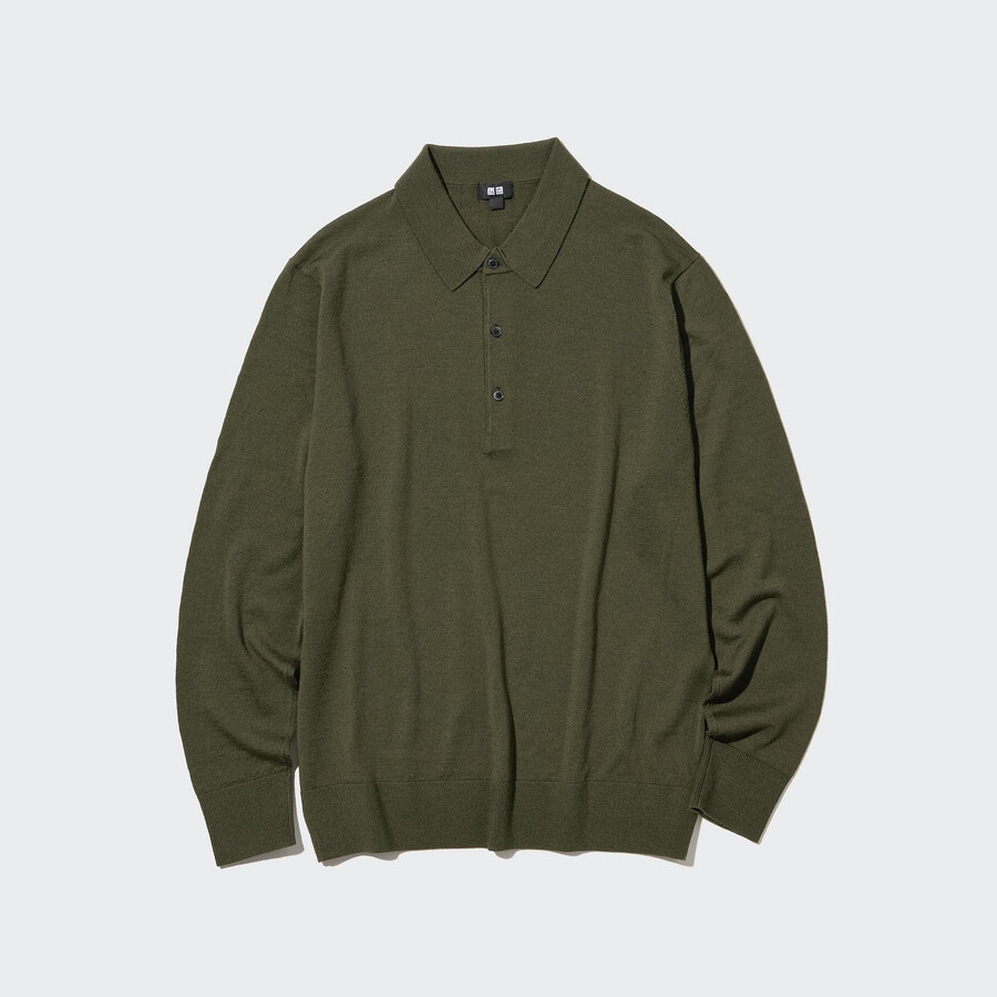 moška polo majica z rokavi uniqlo 100pc extra fine merino pletena v olivno rjavi barvi