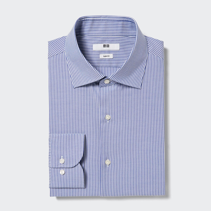 modre moške srajce uniqlo easyre stretch slim fit s črtastim pol-izrezanim ovratnikom