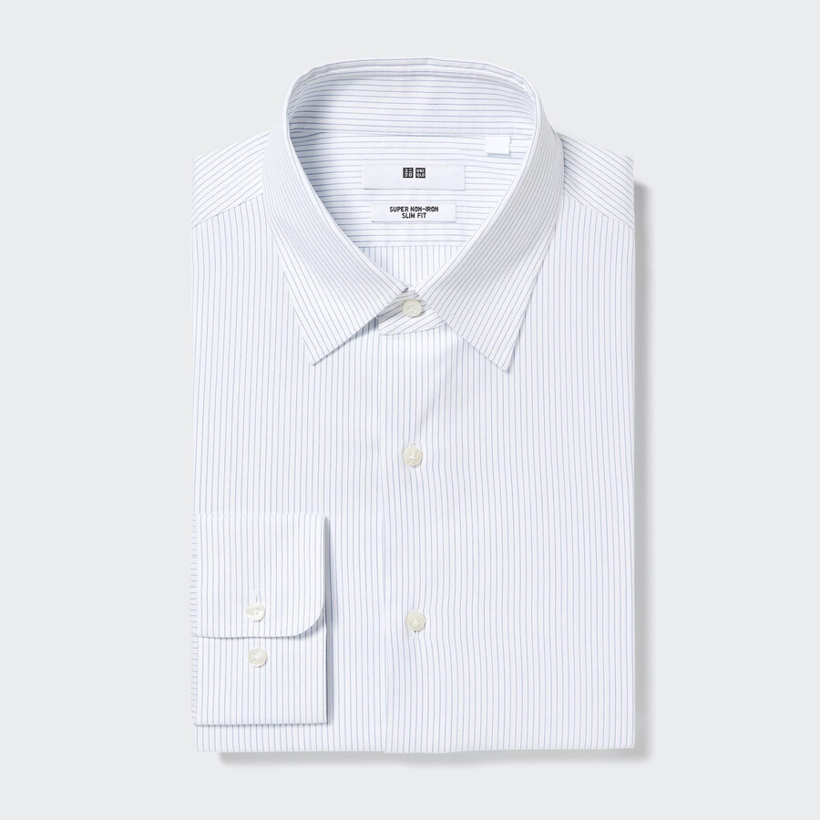 modre moške srajce uniqlo super non iron slim fit s črtastim ovratnikom