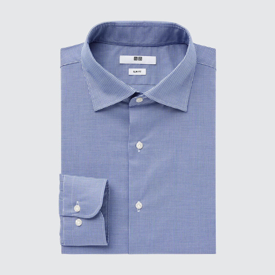 modra moška majica uniqlo easyre broadcloth stretch slim fit s pol izrezanim ovratnikom