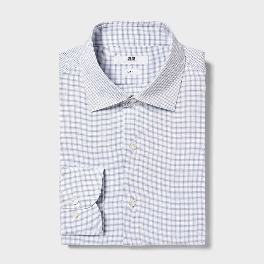 moške uniqlo easyre stretch slim fit kariraste srajce z delno izrezanim ovratnikom modre barve
