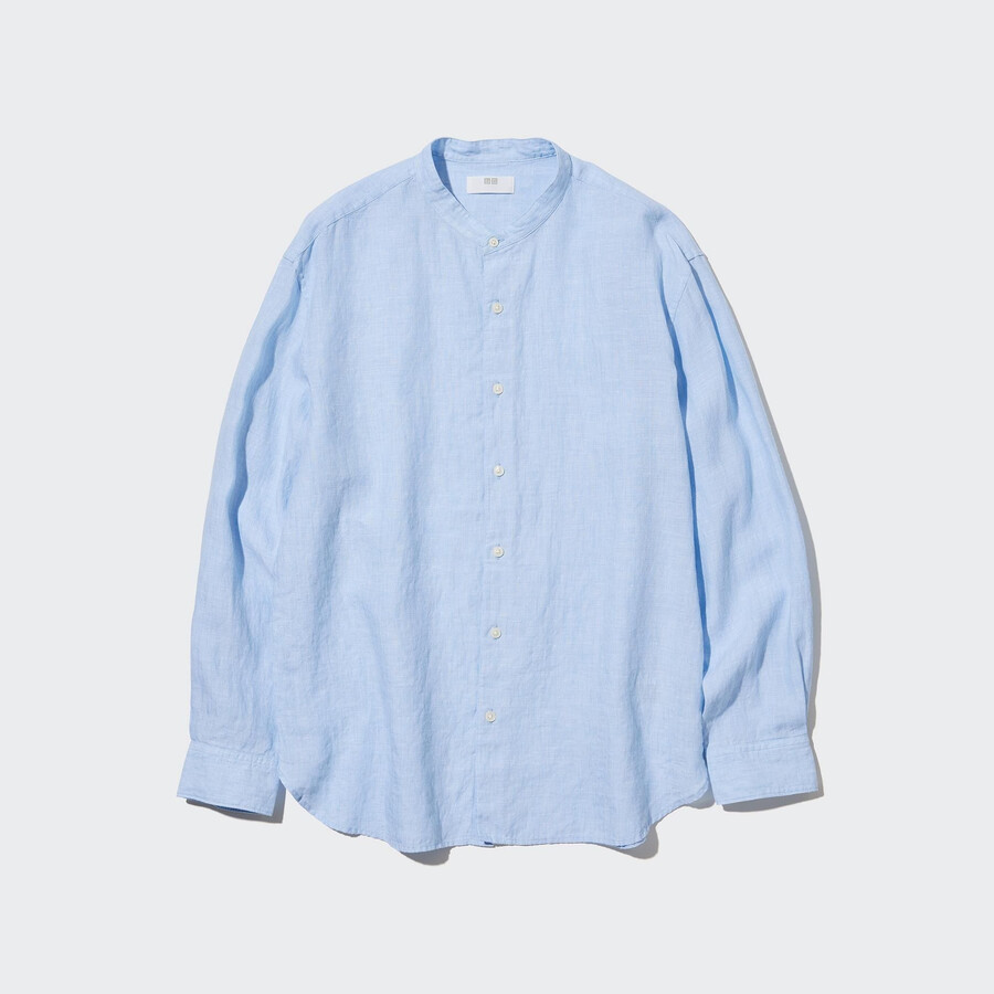 moška majica uniqlo 100pct premium linen regular fit srajca z ovratnikom grandad modra