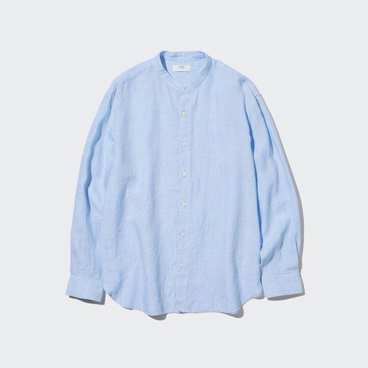 moška majica uniqlo 100pct premium linen regular fit srajca z ovratnikom grandad modra