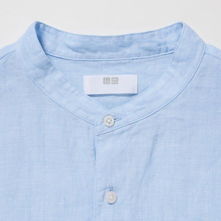 moška majica uniqlo 100pct premium linen regular fit srajca z ovratnikom grandad modra