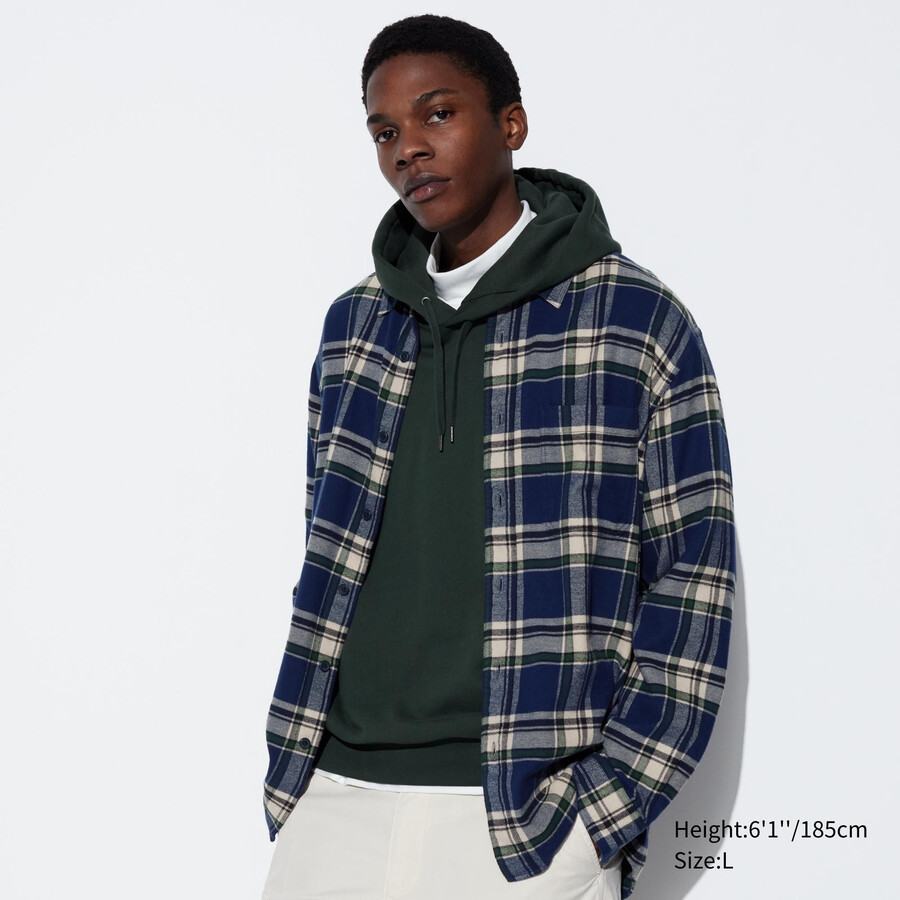 moške srajce uniqlo flannel regular fit s karirastim ovratnikom modre barve