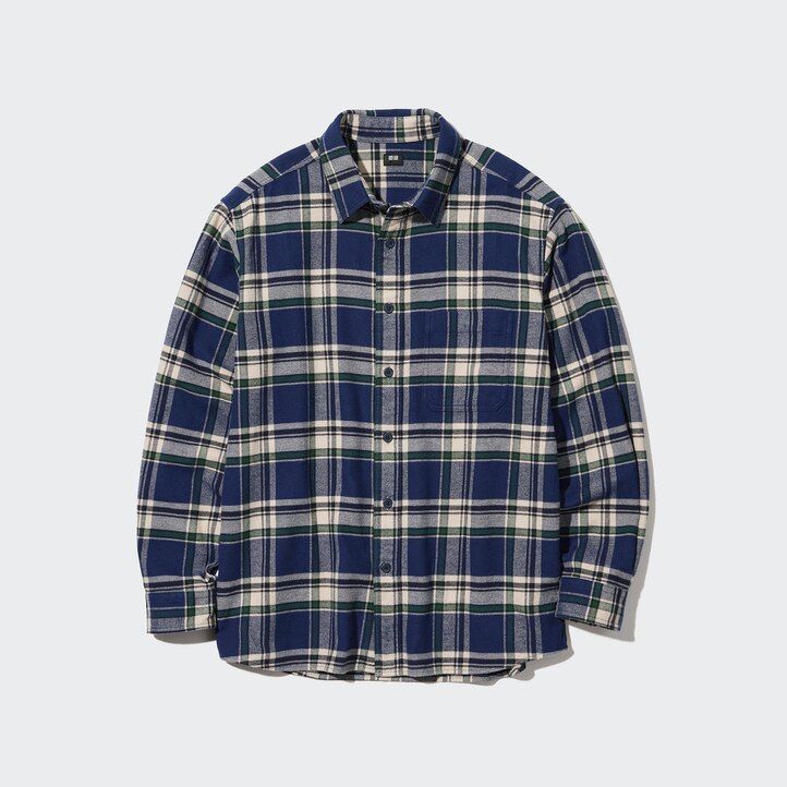 moške srajce uniqlo flannel regular fit s karirastim ovratnikom modre barve