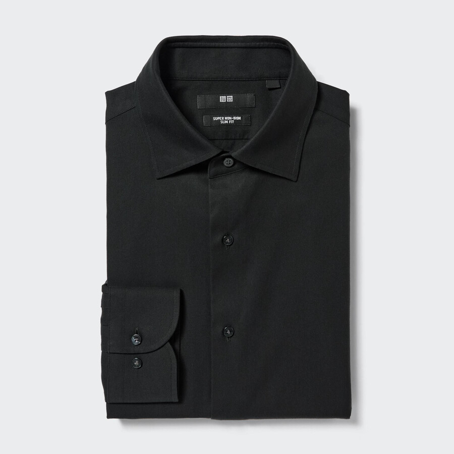 Črna moška srajca uniqlo super non iron slim fit s pol izrezanim ovratnikom