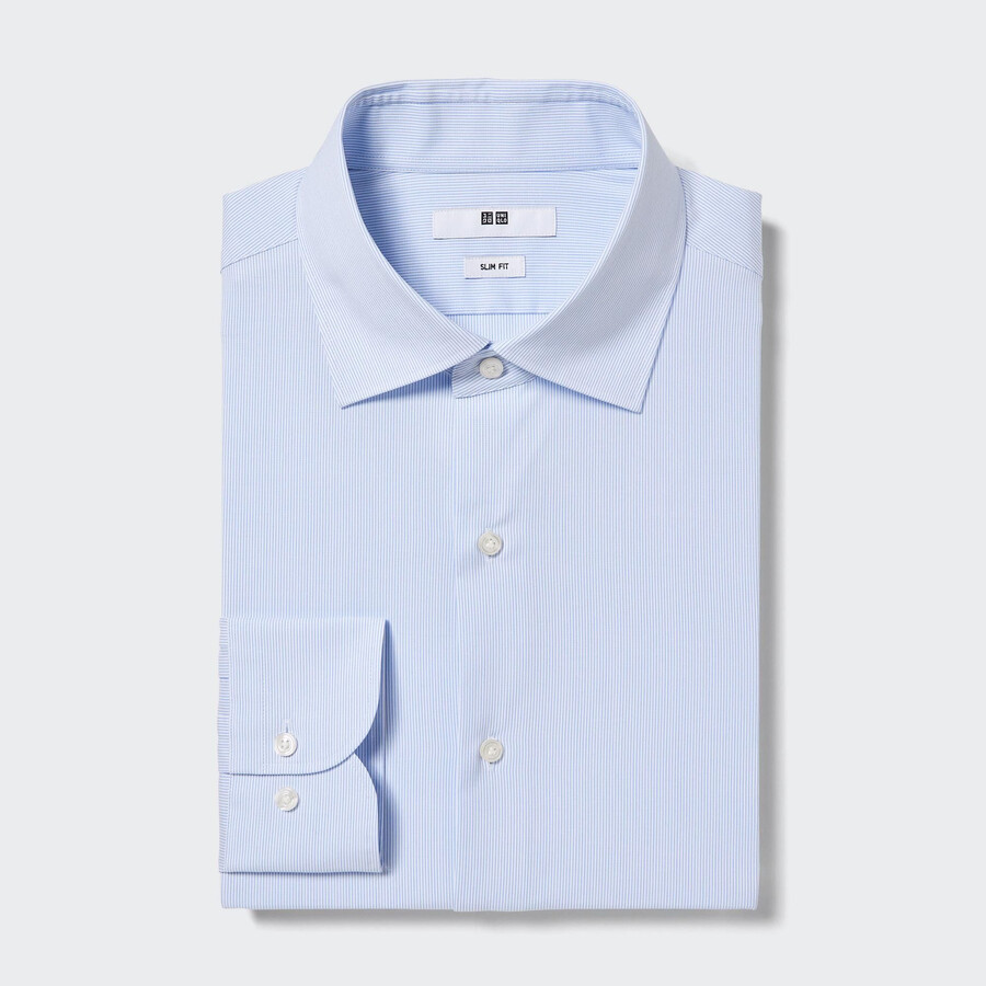moške srajce uniqlo easyre stretch slim fit s črtastim ovratnikom in delnim izrezom modre barve