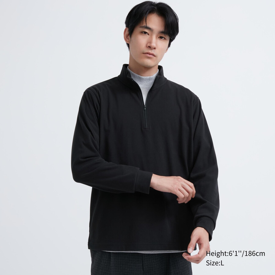 moške majice uniqlo fleece stretch z rokavi in polovično zadrgo črne