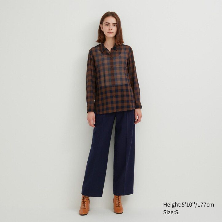 bež uniqlo prosojna bombažna karirasta ženska bluza