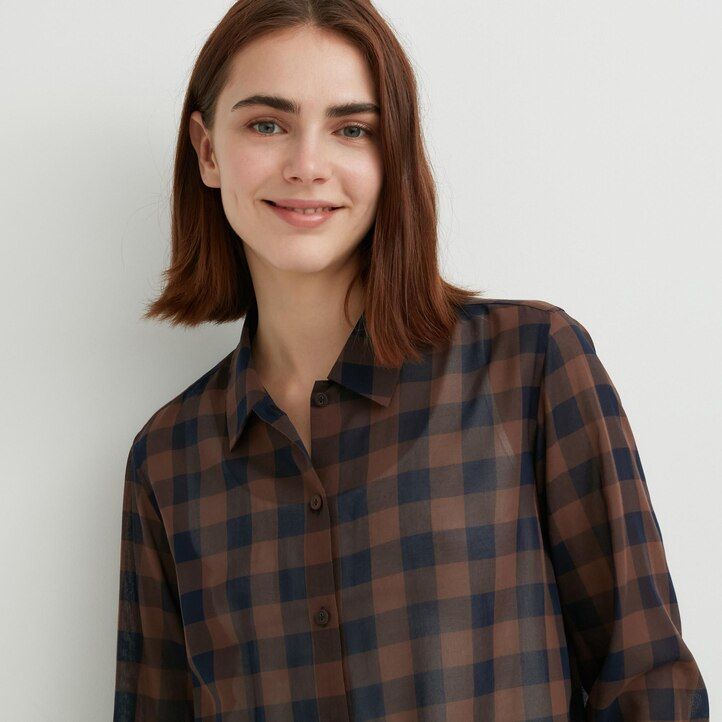 bež uniqlo prosojna bombažna karirasta ženska bluza