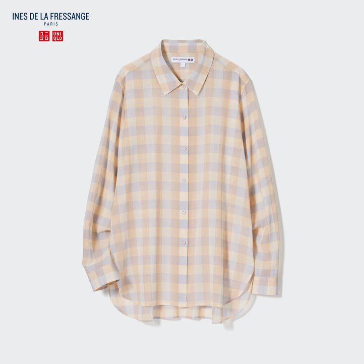 bež uniqlo prosojna bombažna karirasta ženska bluza