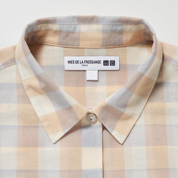bež uniqlo prosojna bombažna karirasta ženska bluza