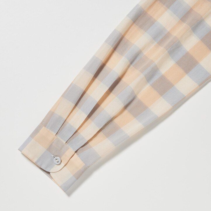 bež uniqlo prosojna bombažna karirasta ženska bluza