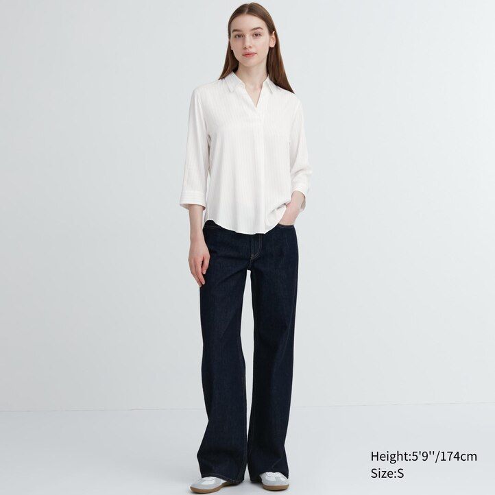Ženska mornarsko modra bluza uniqlo rayon s črtastim ovratnikom in 34 rokavi