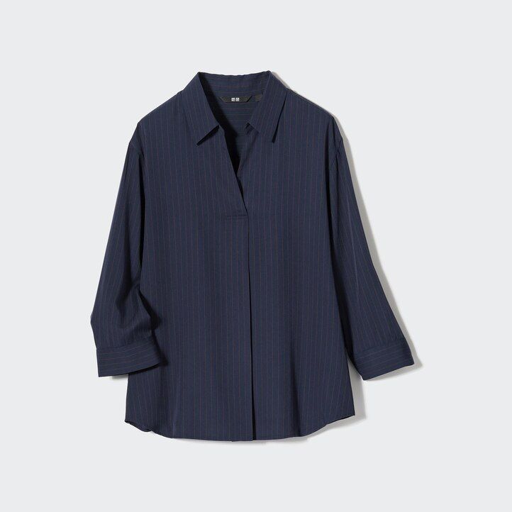 Ženska mornarsko modra bluza uniqlo rayon s črtastim ovratnikom in 34 rokavi