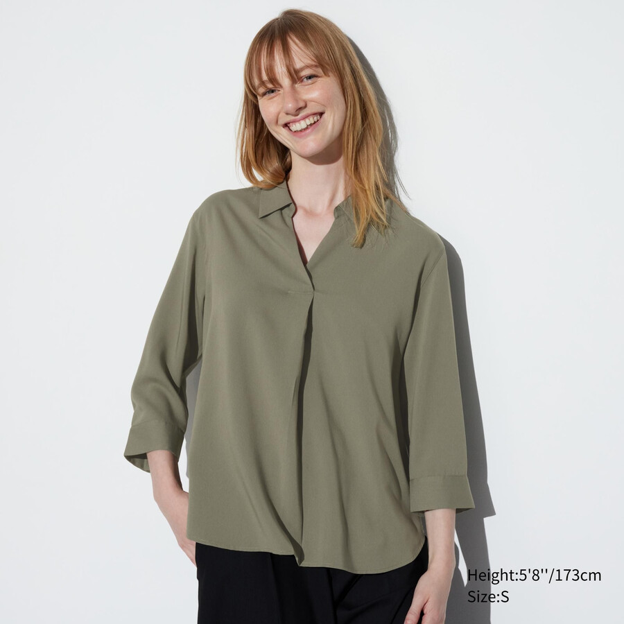 Ženska bluza uniqlo olivno rjave barve z ovratnikom skipper in 34 rokavi