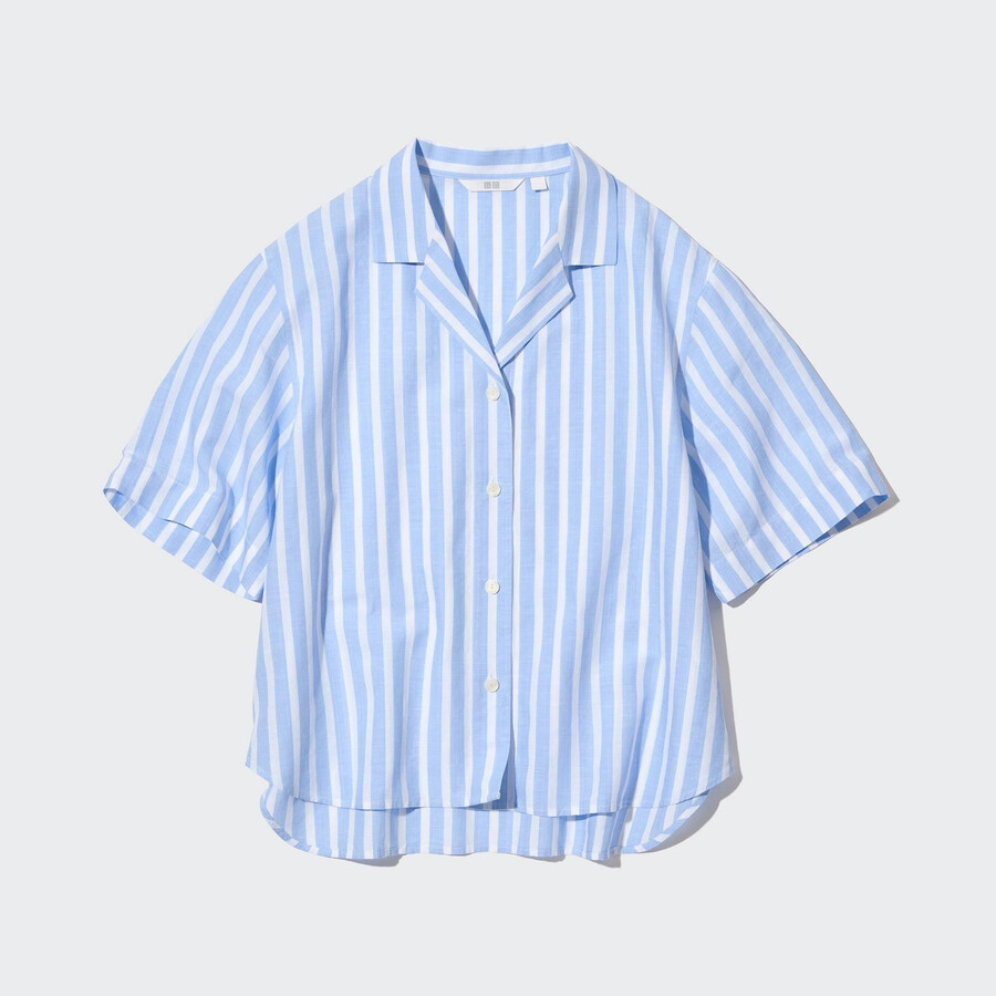 Ženska bluza uniqlo z odprtimi rokavi in črtami iz mešanice lana svetlo modra