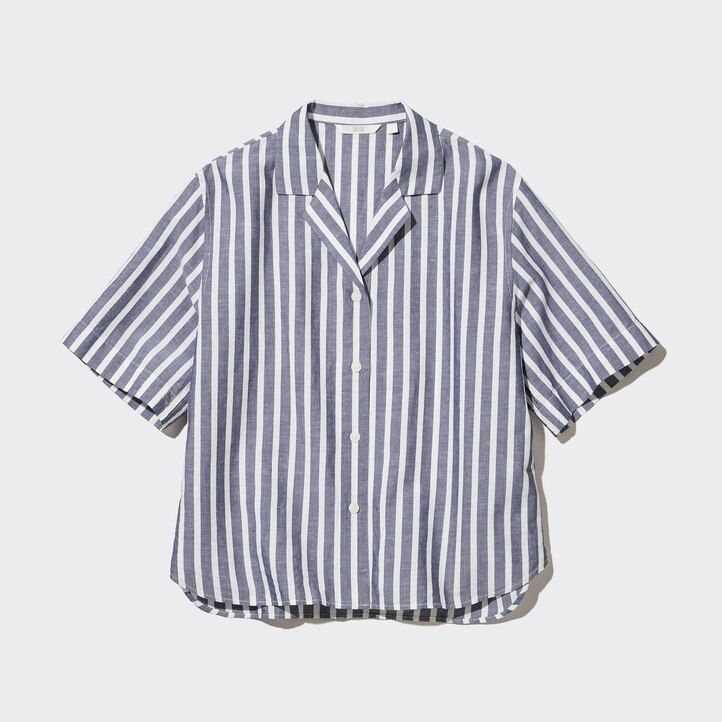 Ženska bluza uniqlo z odprtimi rokavi in črtami iz mešanice lana svetlo modra
