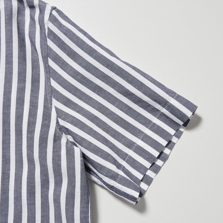 Ženska bluza uniqlo z odprtimi rokavi in črtami iz mešanice lana svetlo modra