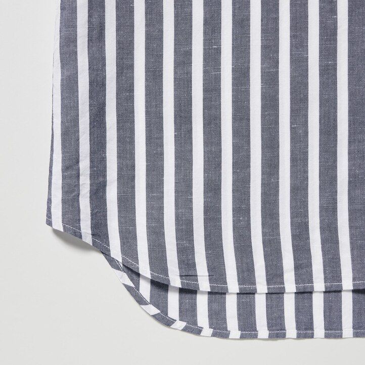 Ženska bluza uniqlo z odprtimi rokavi in črtami iz mešanice lana svetlo modra