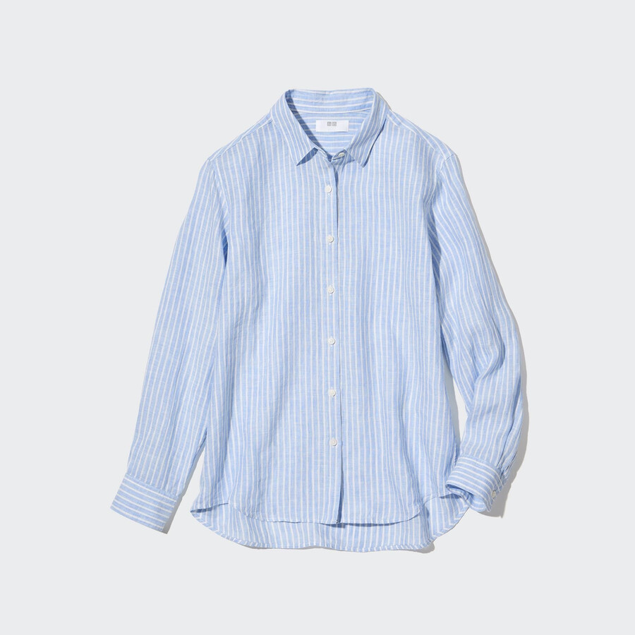 Ženska bluza uniqlo 100pct premium linen s črtastimi rokavi svetlo modra