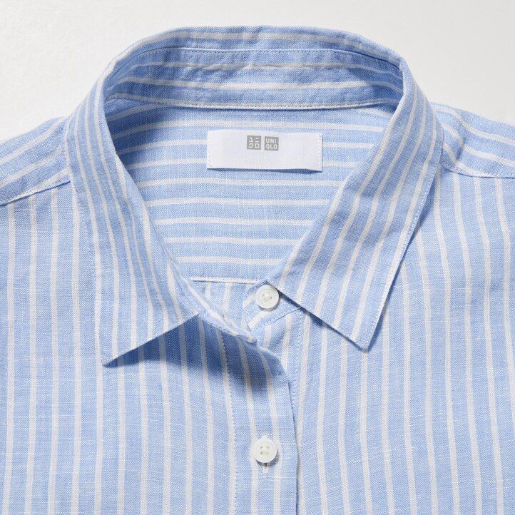 Ženska bluza uniqlo 100pct premium linen s črtastimi rokavi svetlo modra