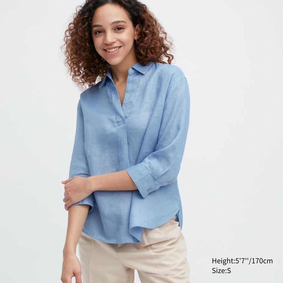 Ženska bluza uniqlo premium linen skipper collar z 34 rokavi modra 100 kosov
