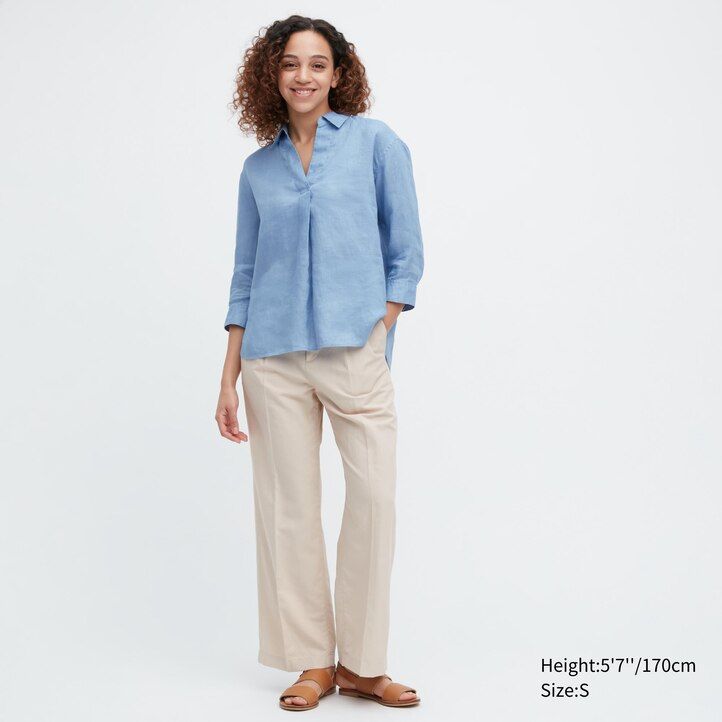 Ženska bluza uniqlo premium linen skipper collar z 34 rokavi modra 100 kosov