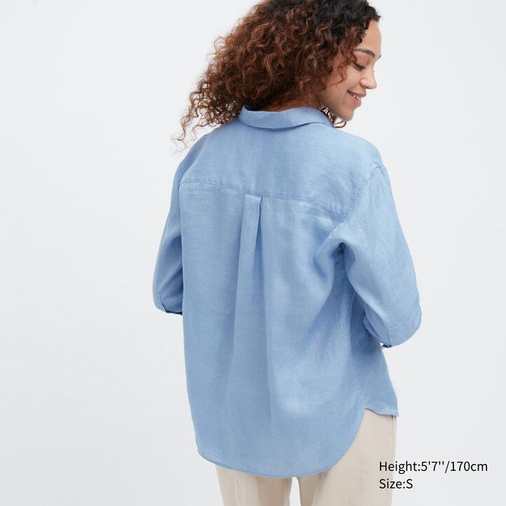 Ženska bluza uniqlo premium linen skipper collar z 34 rokavi modra 100 kosov