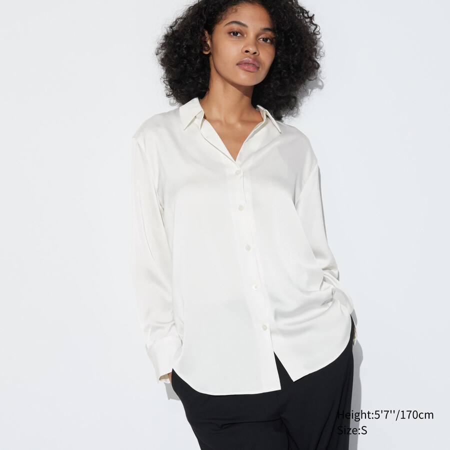 bela ženska satenasta bluza z rokavi uniqlo